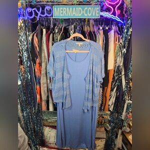 #0550 22/24 Preloved 2Pc Set WOMAN WITHIN Lt Blue Midi Slvless Dress & Open Swtr